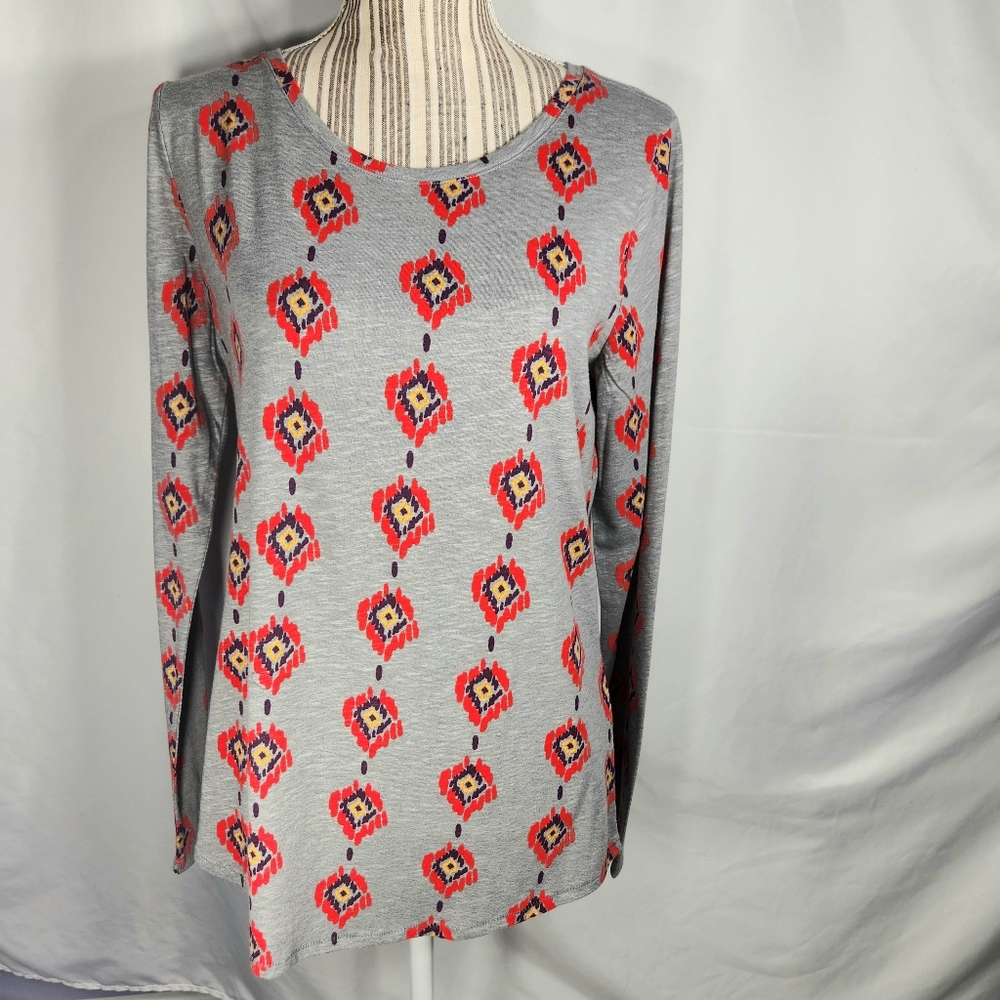 Sonoma The Everyday Tee Grey & Multi w/Aztec Print Long Sleeve Top Size Medium